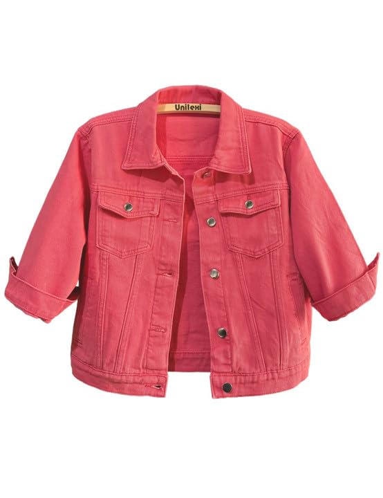 Unilexi Women's 3/4 Sleeve Colored Cropped Denim Jacket Light Wash Short Jean Trucker Coat(0096-red-s)