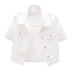 Omoone Women's Summer Short Sleeve Crop Denim Trucker Jacket Jean Coat Tops(white-xl)