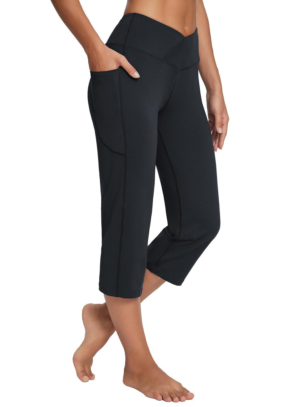 Baleaf Women's V Crossover Waist Capri Pants Straight-Leg Black S