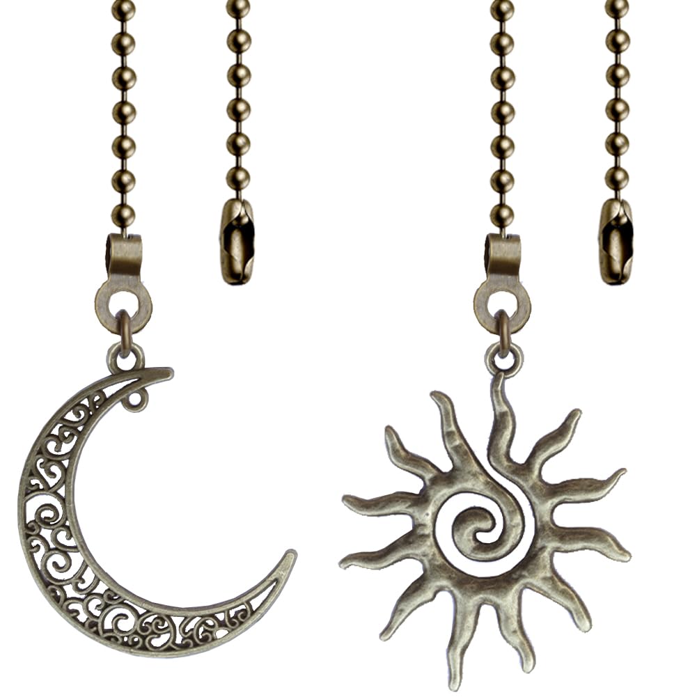2 Pack Ceiling Fan Pull Chain, Sun and Moon Pull-chain Extension, 12 Inches Celestial Decor Beads Ball Chain Extender with Connectors for Ceiling Fans/Lighting Lamps (Bronze)