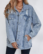 Lifeshe Women's Long Oversized Denim Jacket Boyfriend Ripped Distressed Jean Jackets Coat - Light Blue