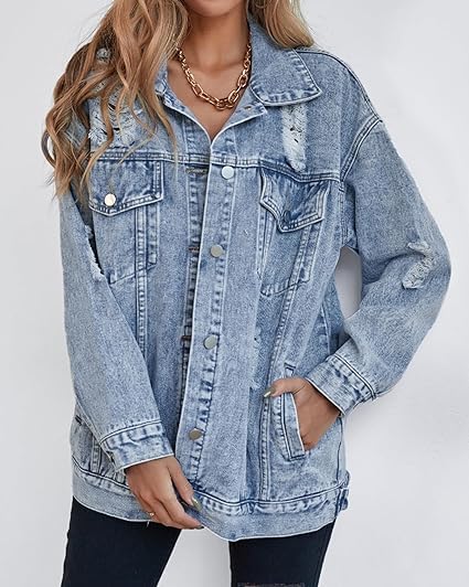 Lifeshe Women's Long Oversized Denim Jacket Boyfriend Ripped Distressed Jean Jackets Coat - Light Blue