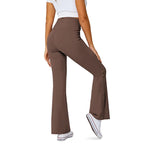 Women's Flare Leggings With Pockets Crossover High-Waisted - Brown