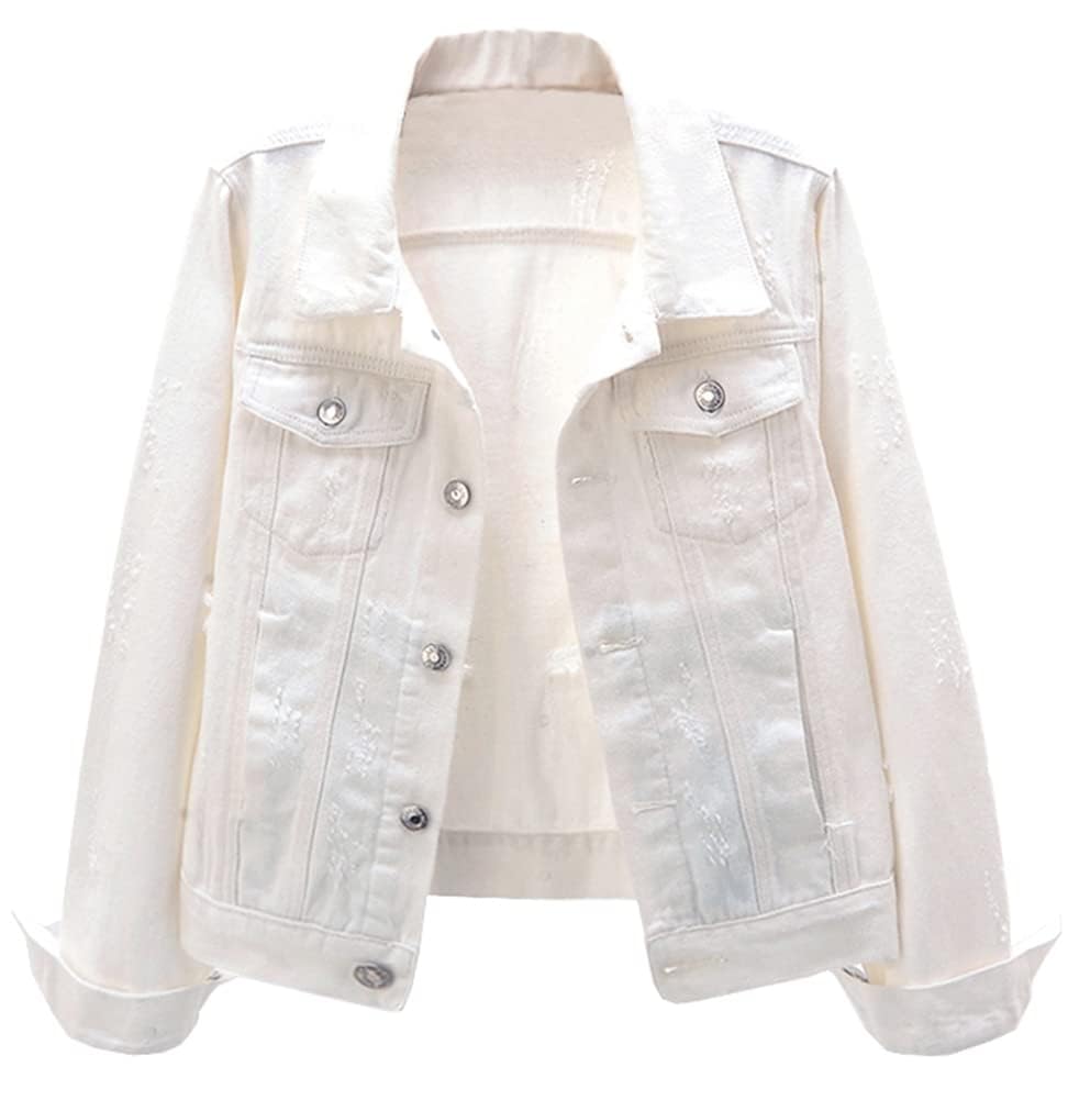 Kedera Womens White Jean Jacket Women Basic Fitted Casual Button Down Truker Denim Long Sleeve Pockets Coat X-large Size 16 18