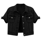 Omoone Women's Summer Short Sleeve Crop Denim Trucker Jacket Jean Coat Tops(black-xl)