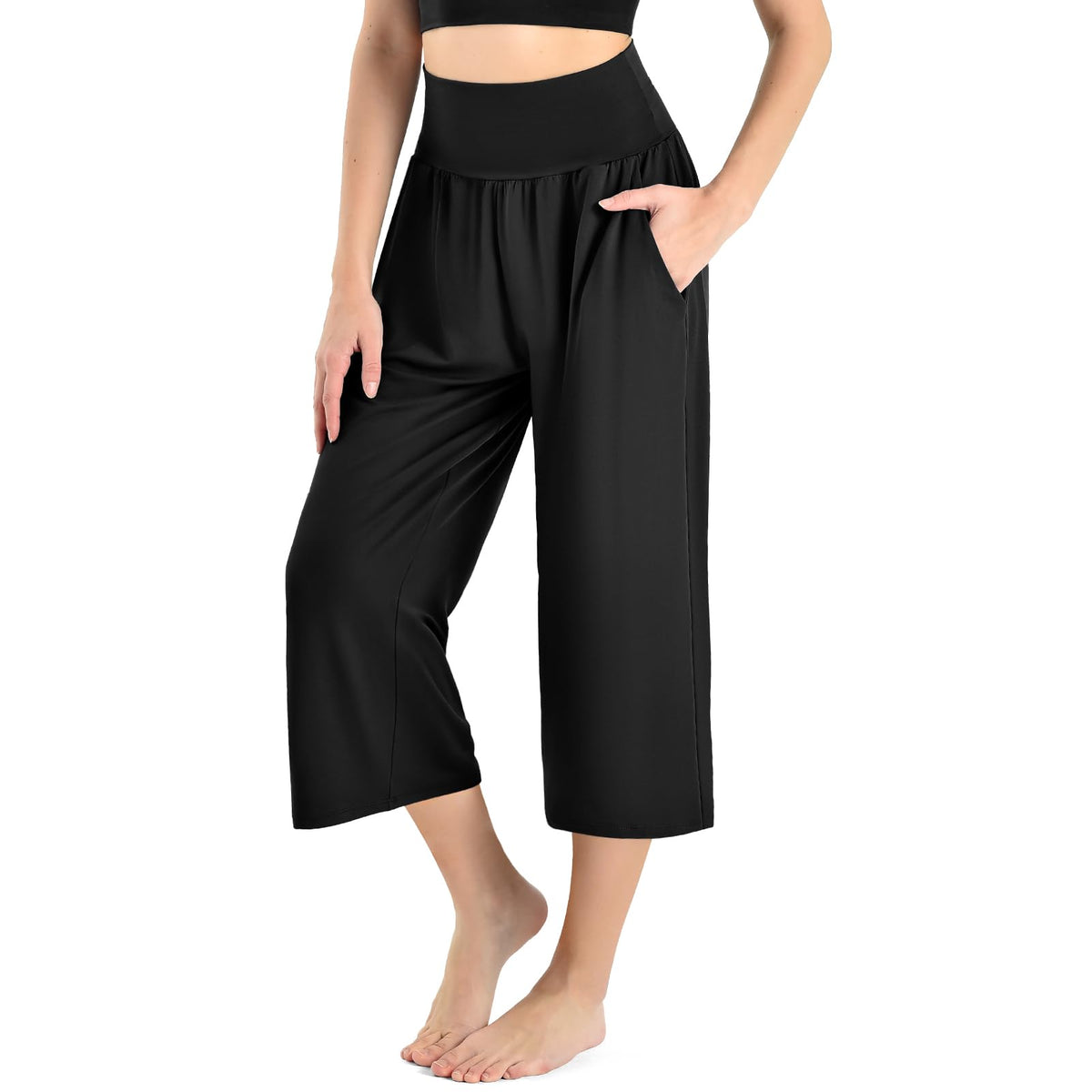 Ipletix Capri Pants For Women Casual Gaucho Wide-Leg 25" Black L