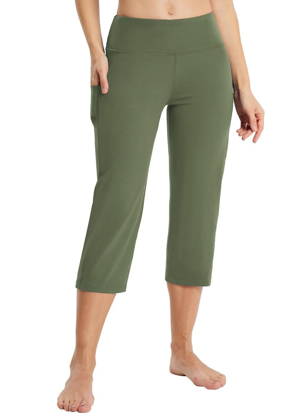 Baleaf Capri Pants For Women With Pockets Capris Wide-Leg Army Green L