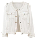 Kedera Jean Jacket Women Collarless Button Down Long Sleeve Western Denim Country Concert Outfits - White