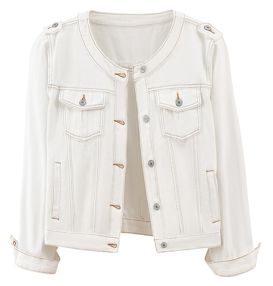 Kedera Jean Jacket Women Collarless Button Down Long Sleeve Western Denim Country Concert Outfits - White