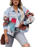 Women's Lumister Aztec Denim Jacket Distressed Lapel Long Sleeve Vintage Button Down Shacket(0007-lightblue-s) - Light Blue