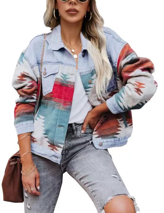 Women's Lumister Aztec Denim Jacket Distressed Lapel Long Sleeve Vintage Button Down Jean Shacket(0007-lightblue-xl) - Light Blue