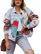 Women's Lumister Aztec Denim Jacket Distressed Lapel Long Sleeve Vintage Button Down Shacket(0007-lightblue-l) - Light Blue