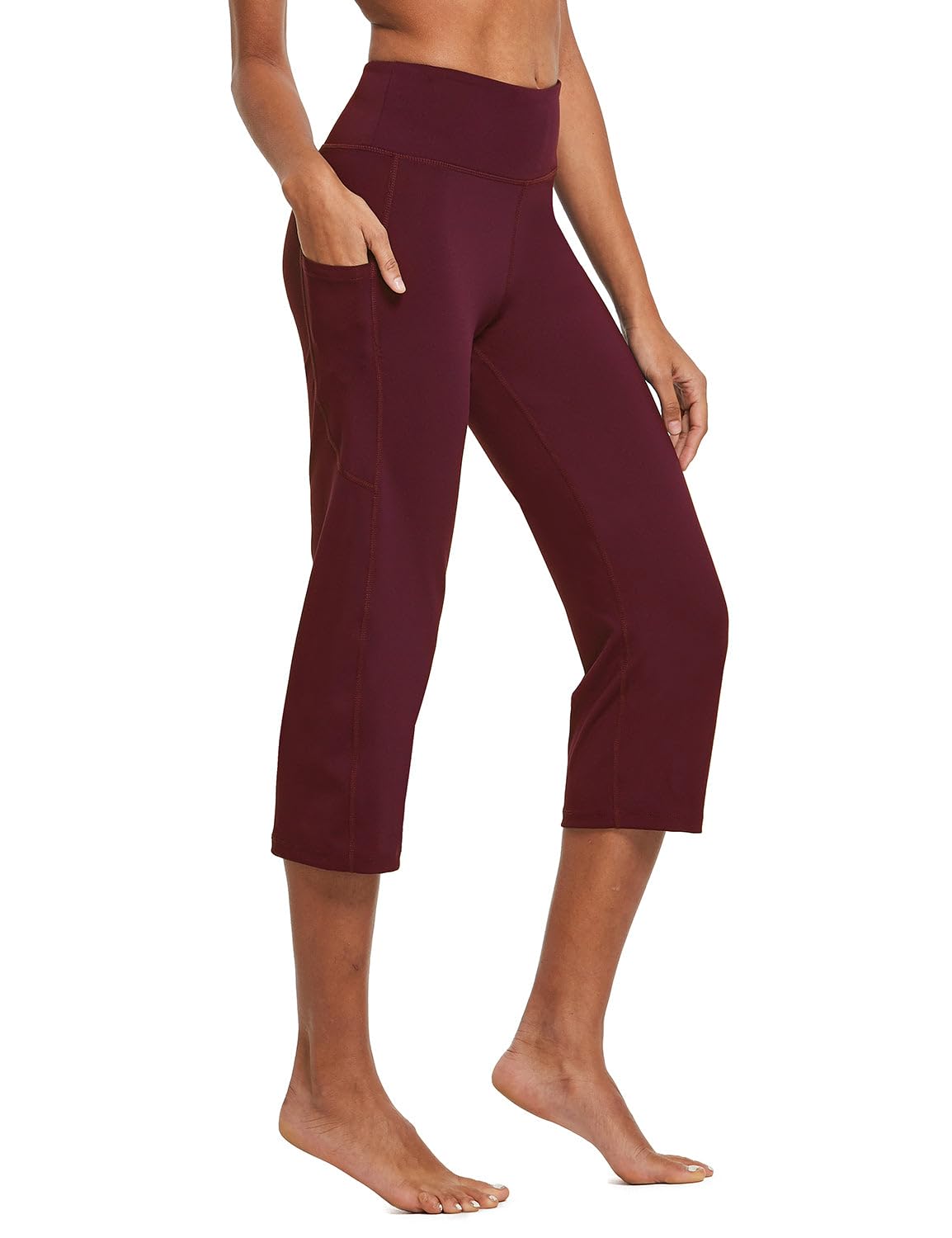 Baleaf Women's Capri Pants With Pockets High-Waist Wine Red L