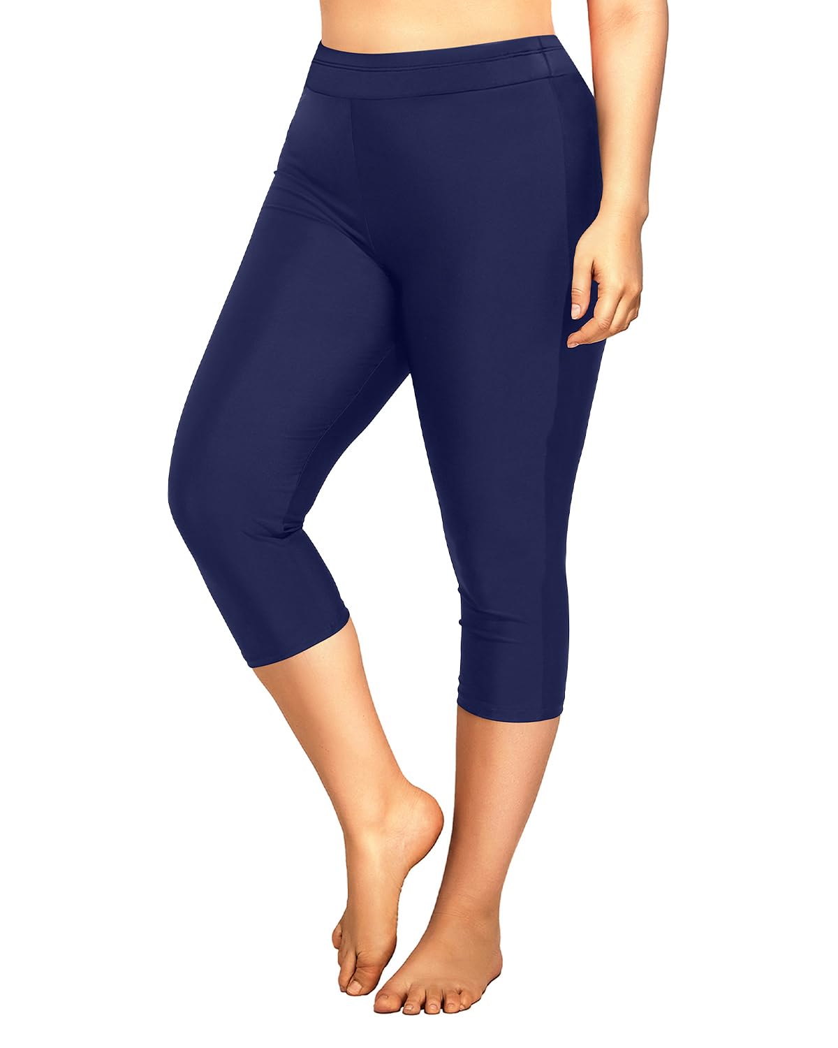 Women Navy Blue Plus Size Rash Guard Pant High Waisted Long Swim Capris 16W