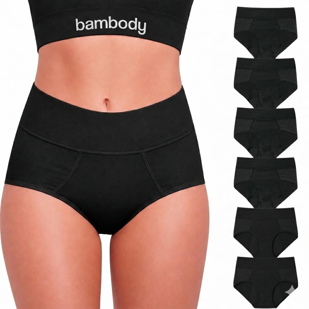 Bambody Absorbent Period Bamboo Rayon for Women's and Teens All-day Long Overnight Protection-, Leakproof 3x-large, 6 Pack Black Panties