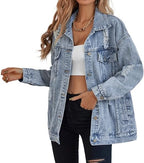 Lifeshe Women's Long Oversized Denim Jacket Boyfriend Ripped Distressed Jean Jackets Coat - Light Blue