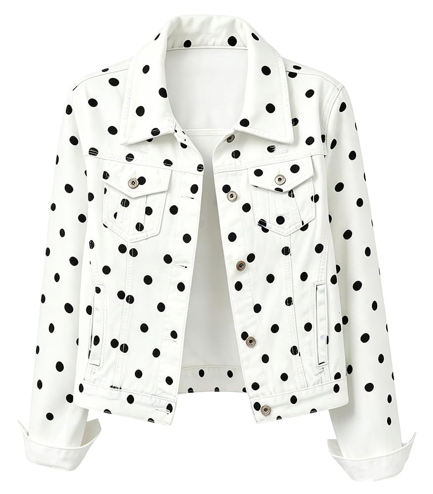 Kedera Womens Denim Jackets Distressed Ripped Long Sleeve Jean Jacket Coats - White Polka Dot