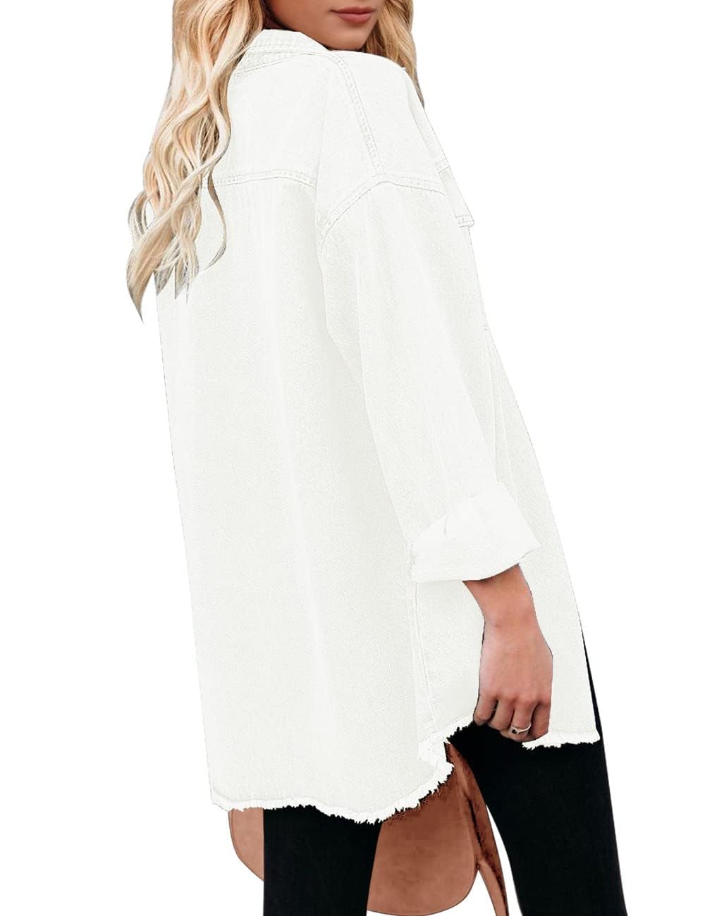 Vetinee Women's Oversized Boyfriend Brilliant White Front Button Up Frayed Raw Hem Long Sleeve Pockets Denim Jean Jacket Shacket X-small