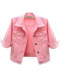 Unilexi Women's 3/4 Sleeve Colored Cropped Denim Jacket Light Wash Short Jean Trucker Coat(0096-pink-l)