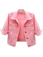 Unilexi Women's 3/4 Sleeve Colored Cropped Denim Jacket Light Wash Short Jean Trucker Coat(0096-pink-xl)