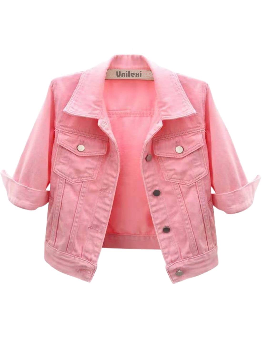Unilexi Women's 3/4 Sleeve Colored Cropped Denim Jacket Light Wash Short Jean Trucker Coat(0096-pink-xl)