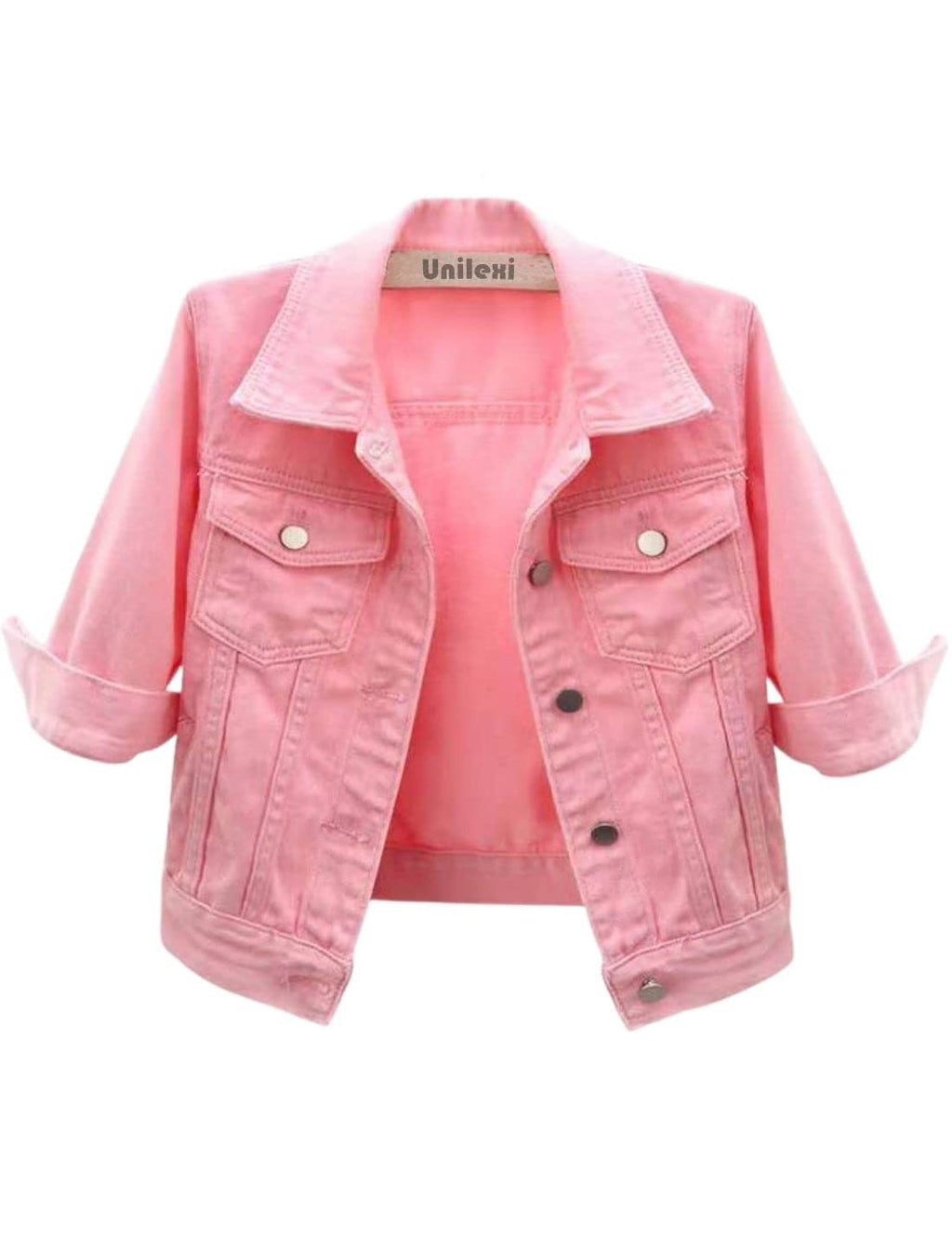 Unilexi Women's 3/4 Sleeve Colored Cropped Denim Jacket Light Wash Short Jean Trucker Coat(0096-pink-m)
