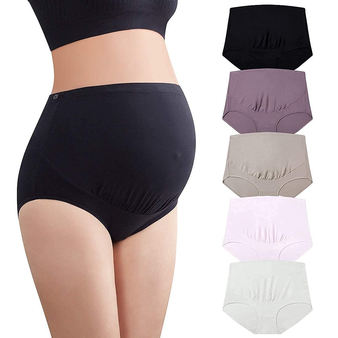 Mama Cotton Women's’s Over The Bump Maternity High Waist Full Coverage Pregnancy Adjustable Waistband (multicolor B 5 Pack, Size-l) Panties