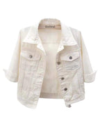 Unilexi Women's 3/4 Sleeve Colored Cropped Denim Jacket Light Wash Short Jean Trucker Coat(0096-white-l)