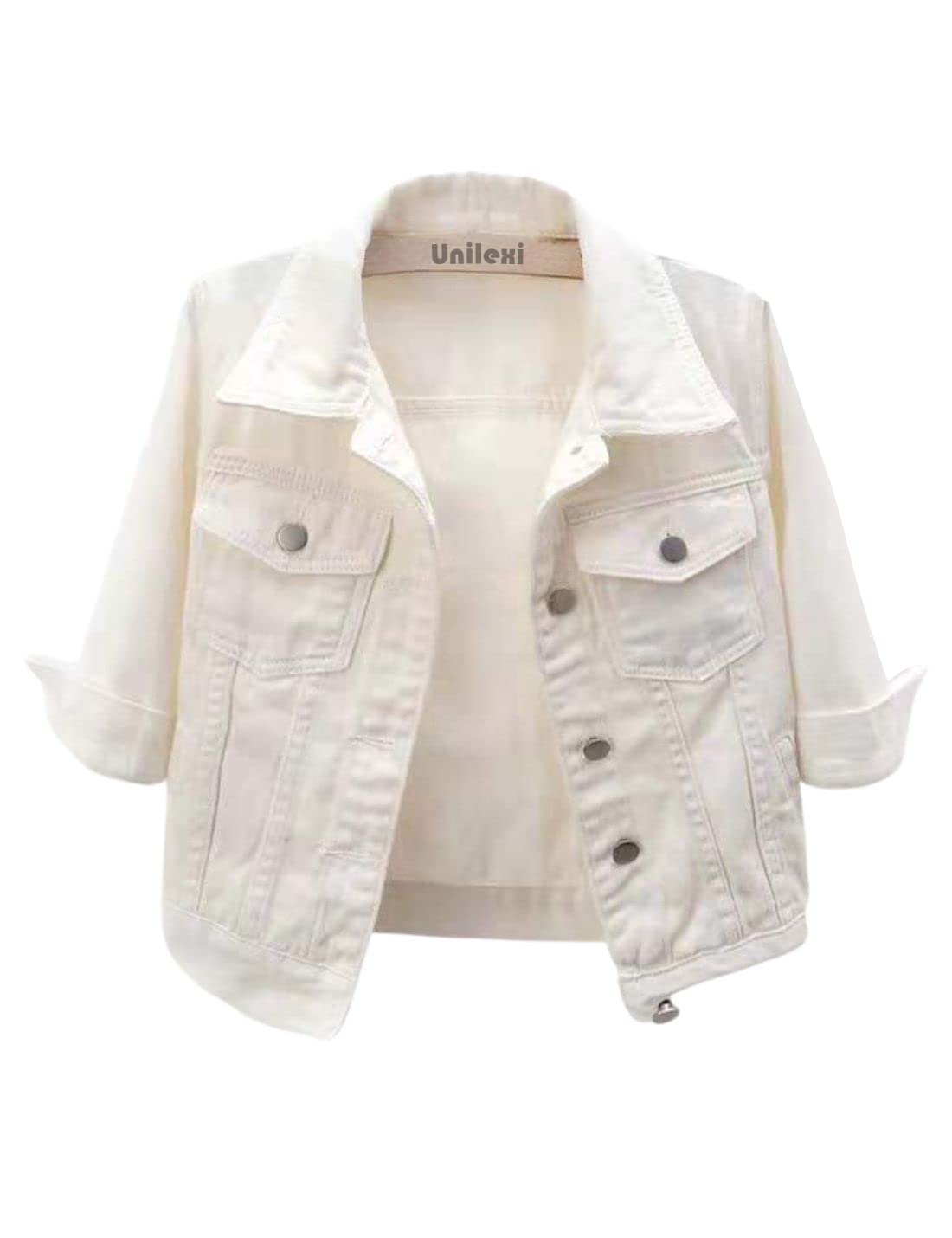 Unilexi Women's 3/4 Sleeve Colored Cropped Denim Jacket Light Wash Short Jean Trucker Coat(0096-white-l)