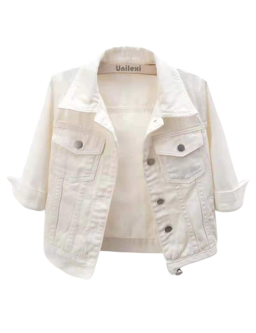 Unilexi Women's 3/4 Sleeve Colored Cropped Denim Jacket Light Wash Short Jean Trucker Coat(0096-white-m)