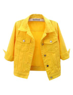 Unilexi Women's 3/4 Sleeve Colored Cropped Denim Jacket Light Wash Short Jean Trucker Coat(0096-yellow-m)