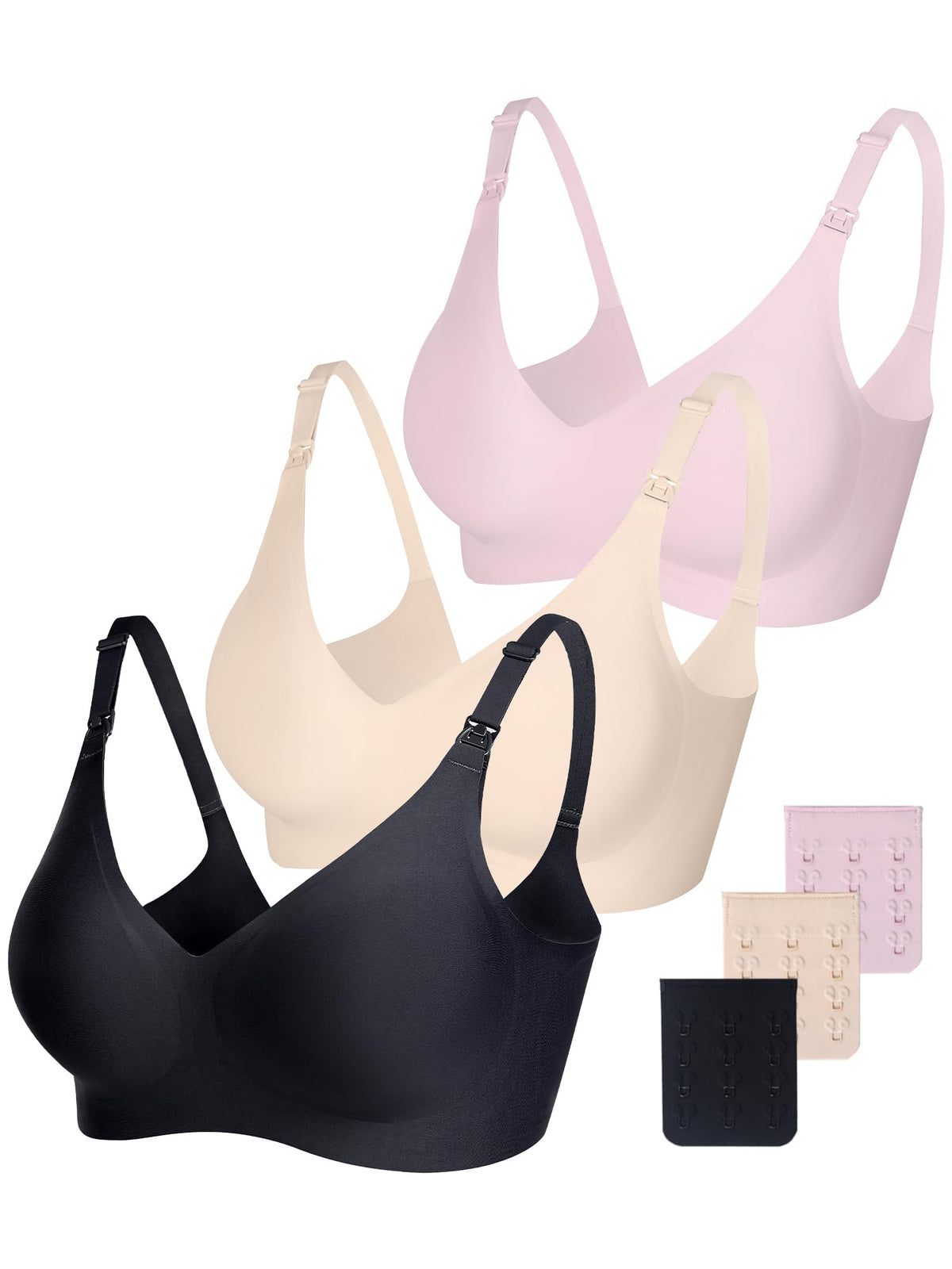 Women's Vinfact 3 Pack Smooth for Breastfeeding Seamless for Pregnancy Wireless Bralette with Extra Extender-xl/black+beige+pink Nursing Bra