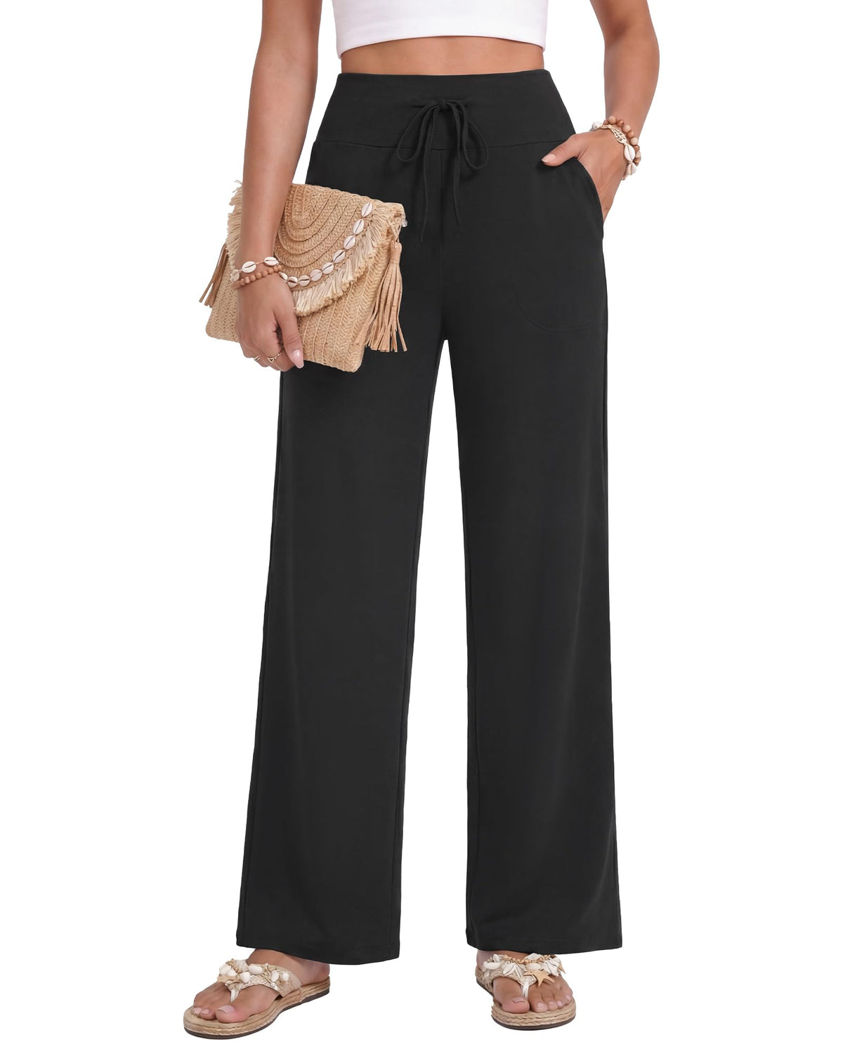 Zoosixx Lounge Pants Women Wide-Leg For Loose Casual Flowy - Black