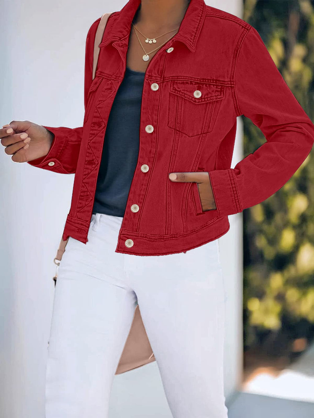 Luvamia Women's Classic Casual Long Sleeve Denim Jean Jacket Coat True Red Size Small