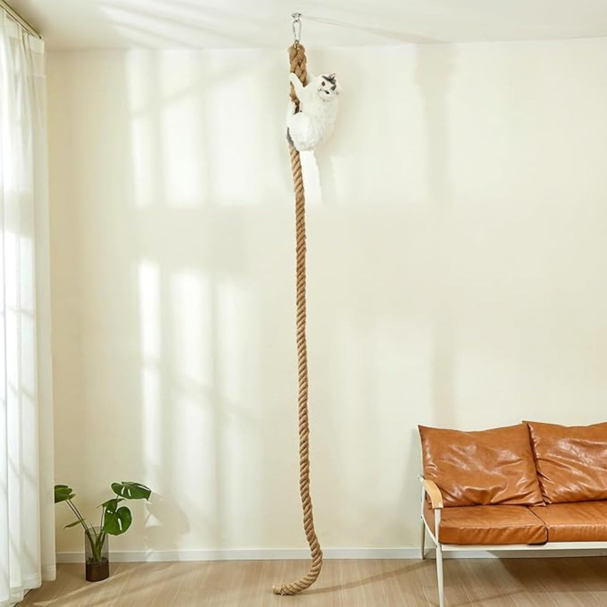 SHENGOCASE 1.9" x 8.9Ft Cat Climbing Jute Rope for Ceiling with Hook, Wall Mounted Furniture for Indoor and Outdoor Cats, Cimbing Pole (8.9 Feet)