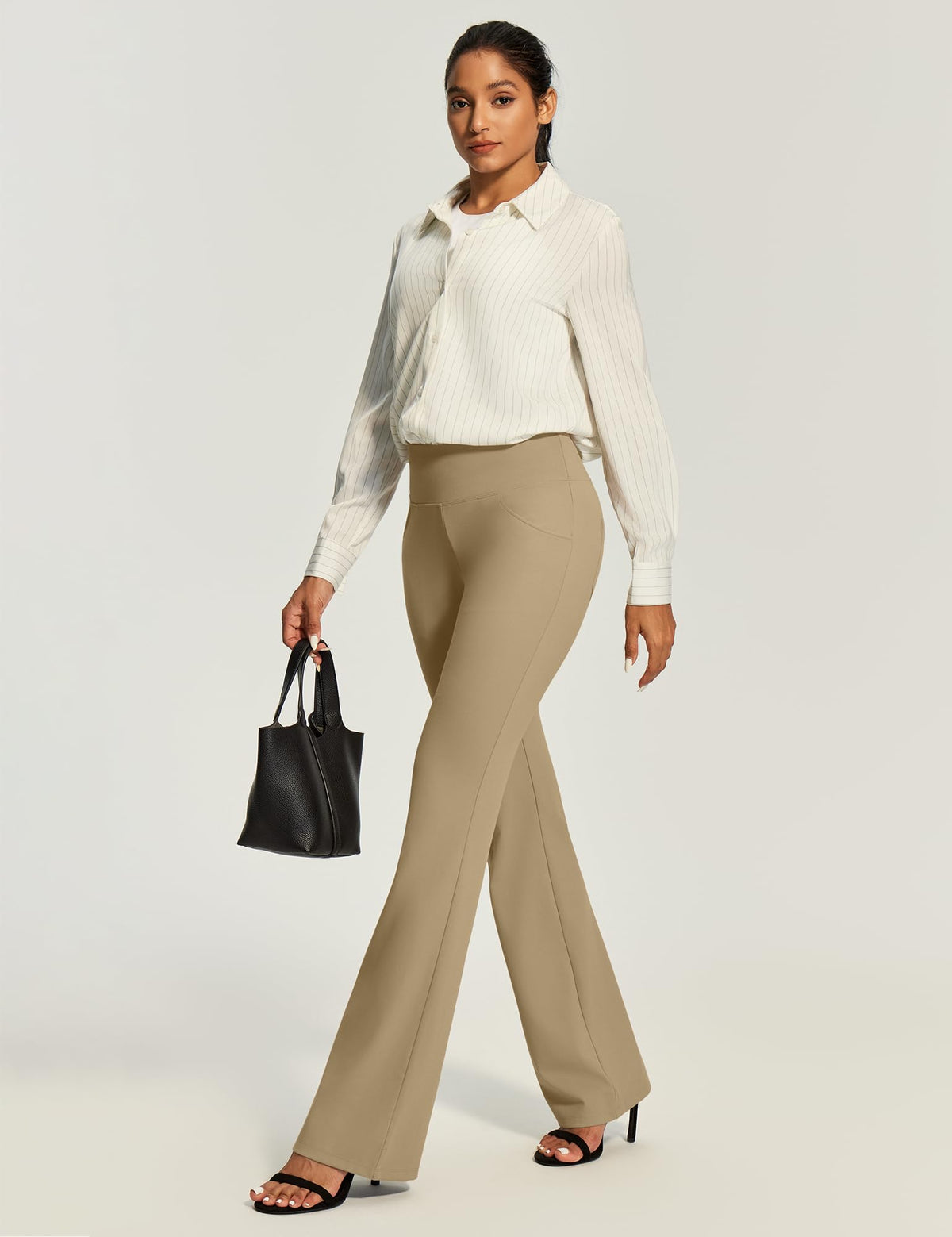 Yoga Pants Women High-Waist Workout Bootcut Flare Leggings With - Khaki