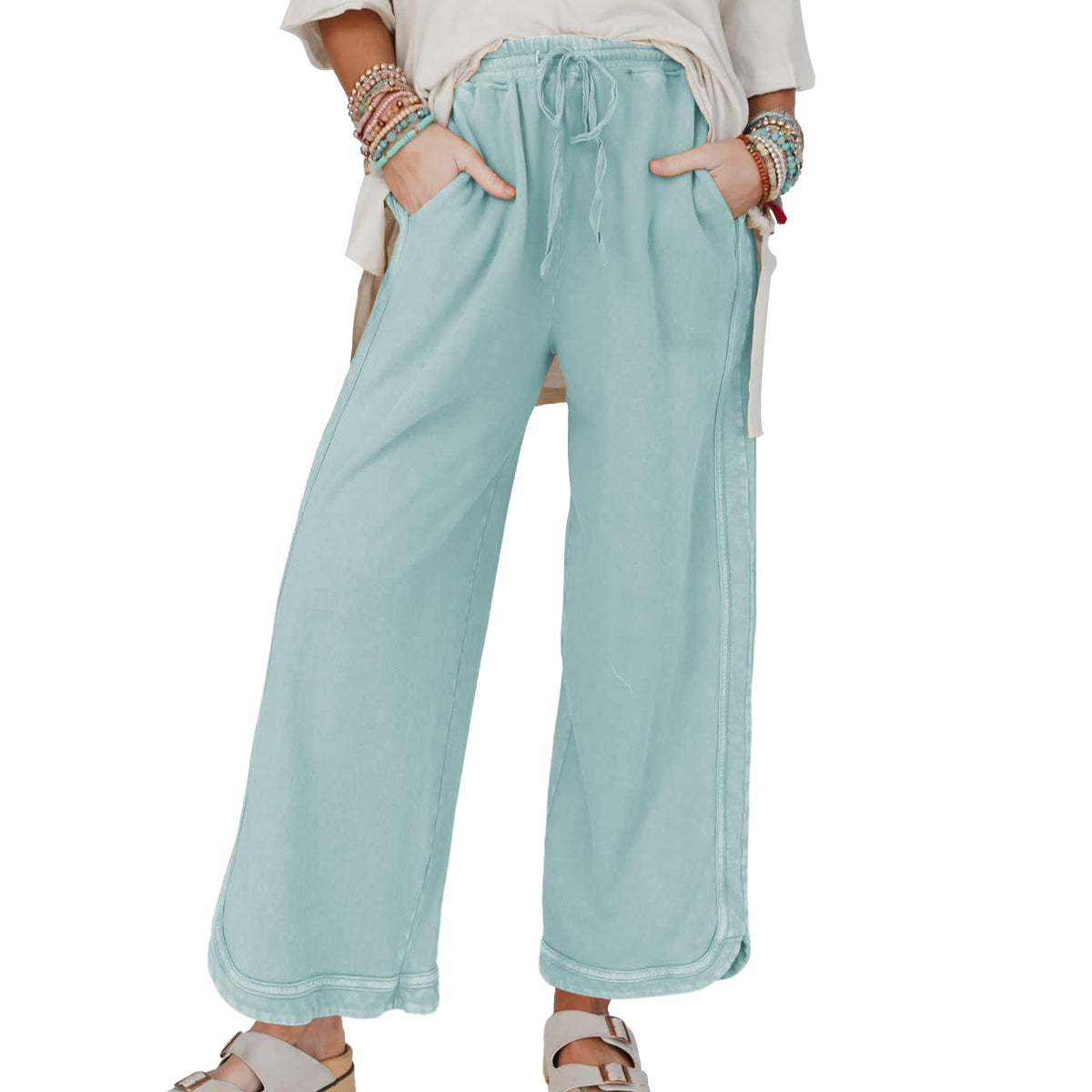 Hixiaohe Women's Casual Wide-Leg Sweatpants High-Waist - Mint-green