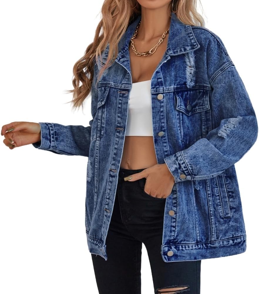 Lifeshe Women's Long Oversized Denim Jacket Boyfriend Ripped Distressed Jean Jackets Coat - Deep Blue