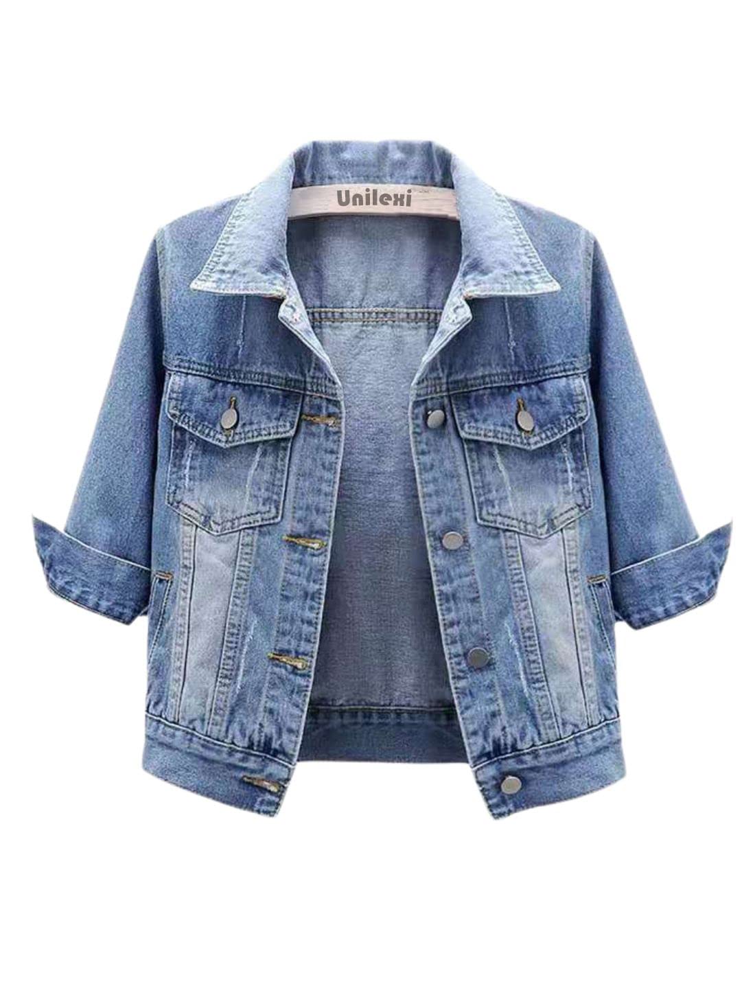 Unilexi Women's 3/4 Sleeve Colored Cropped Denim Jacket Light Wash Short Jean Trucker Coat(0096-lightblue-s) - Blue
