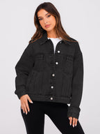 Glamaker Fashion Winter Black Denim Jacket Coat Casual Long Sleeve Jean For Women Trendy Outfits (black XL)