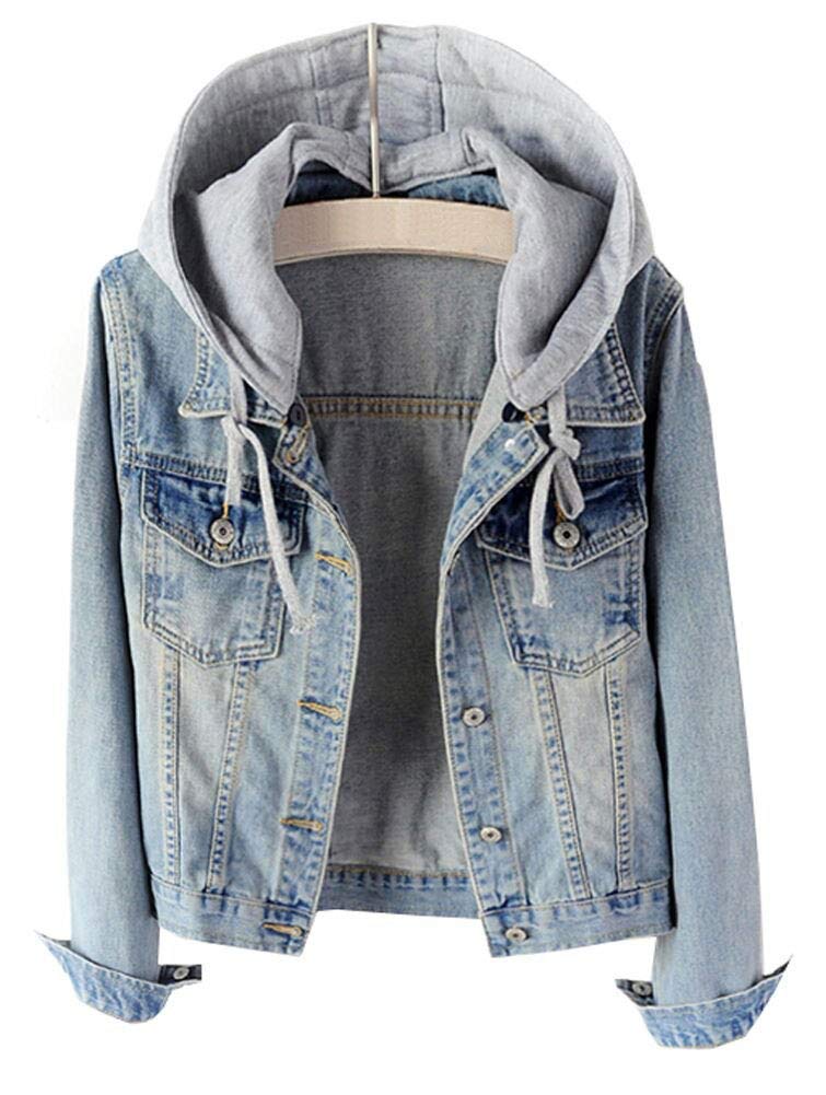 Lifeshe Women's Casual Detachable Hoodie Denim Jacket - A-light Blue
