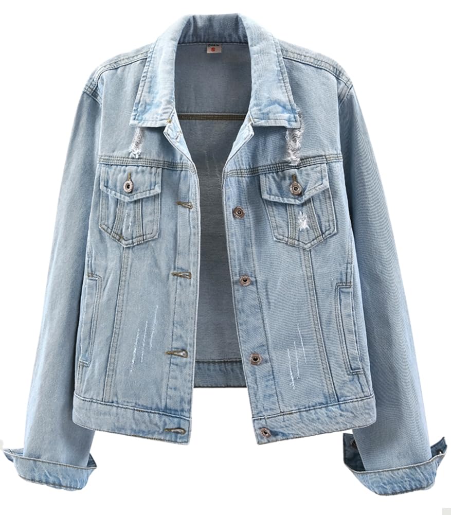 Kedera Womens Denim Jackets Distressed Ripped Long Sleeve Jean Jacket Coats - Wash Blue
