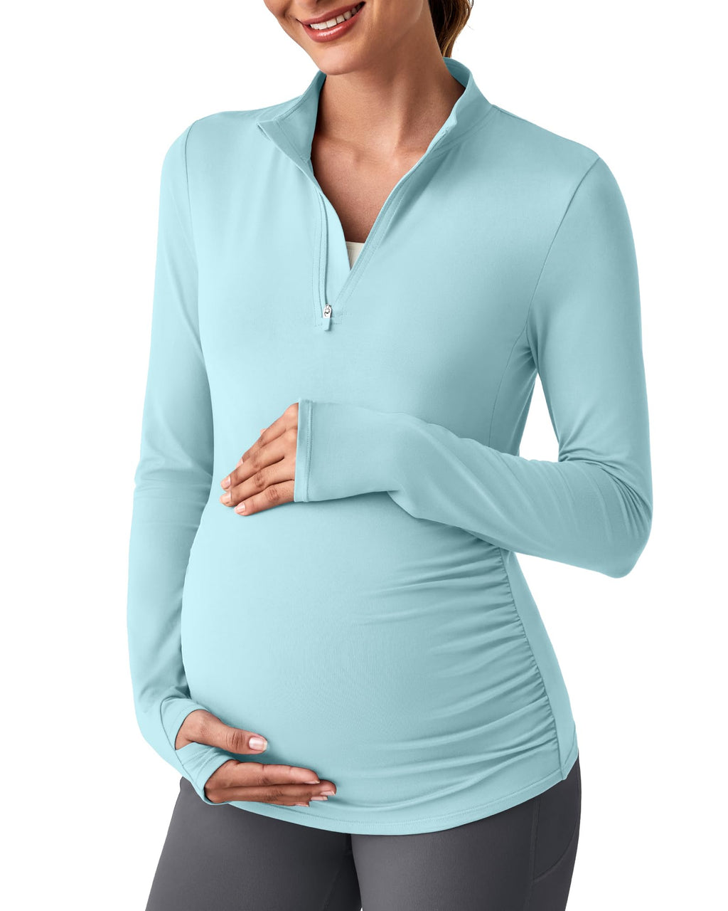 G4free Maternity Shirts For Women Long-Sleeve Quarter Zip Light Blue