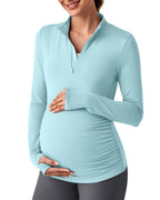 G4free Maternity Shirts For Women Long-Sleeve Quarter Zip Light Blue