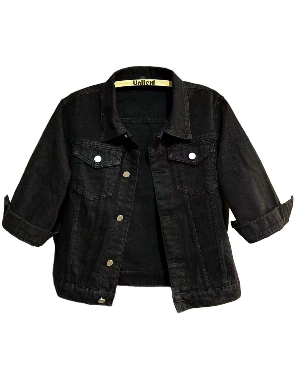 Unilexi Women's 3/4 Sleeve Colored Cropped Denim Jacket Light Wash Short Jean Trucker Coat(0096-black-s)