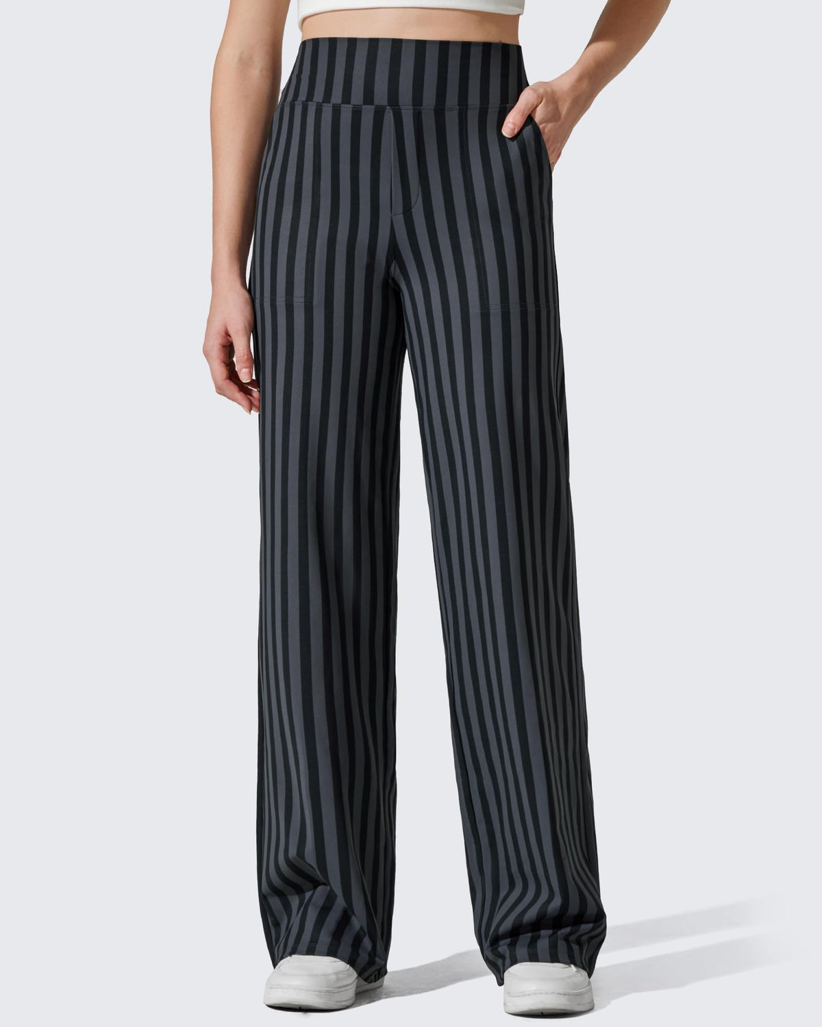 G4free Wide-Leg Pants For Women High-Waist Grey And Black Stripe Xs