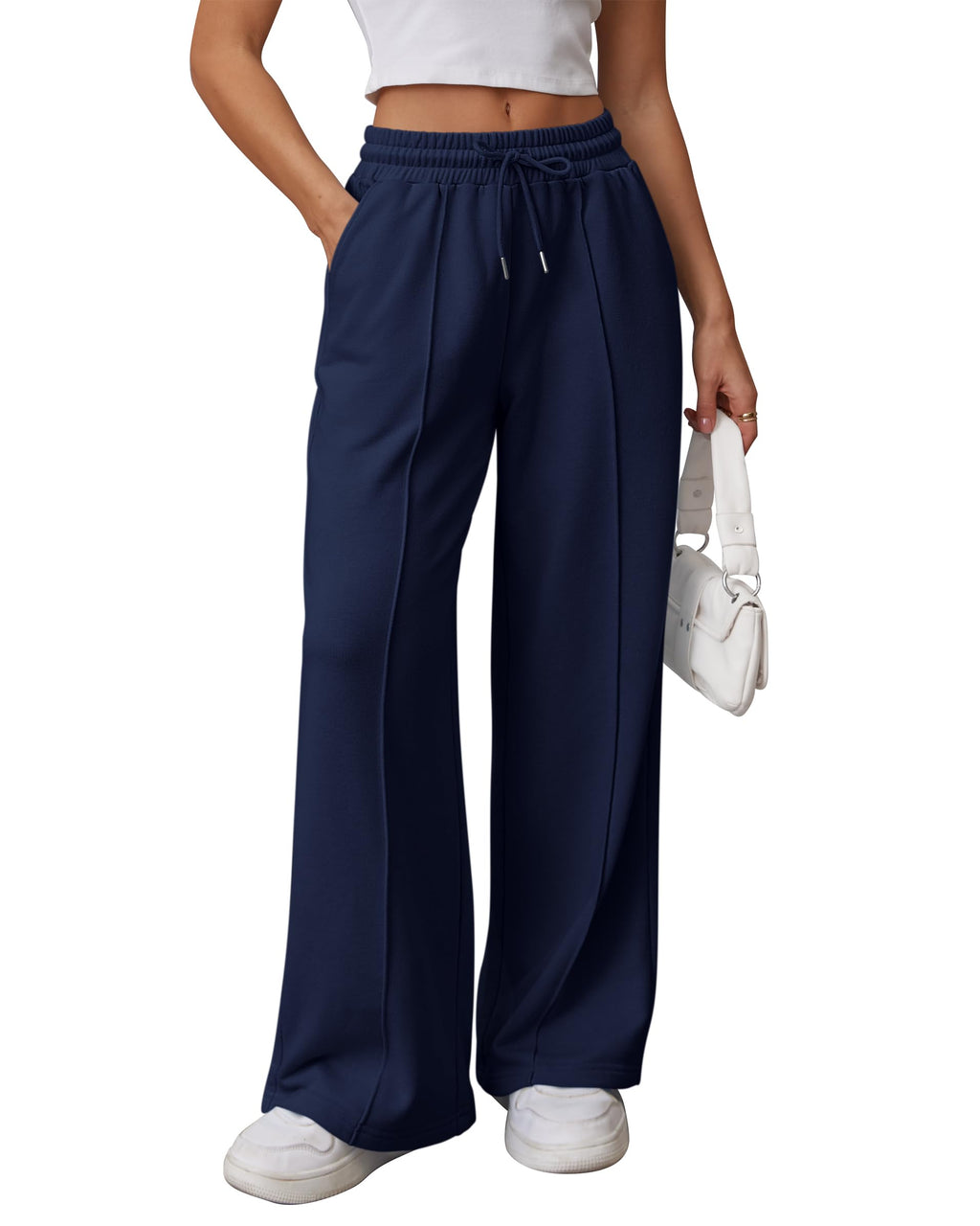 Athmile Women's Wide-Leg Sweatpants High-Waisted Baggy Teen Girl - Navy
