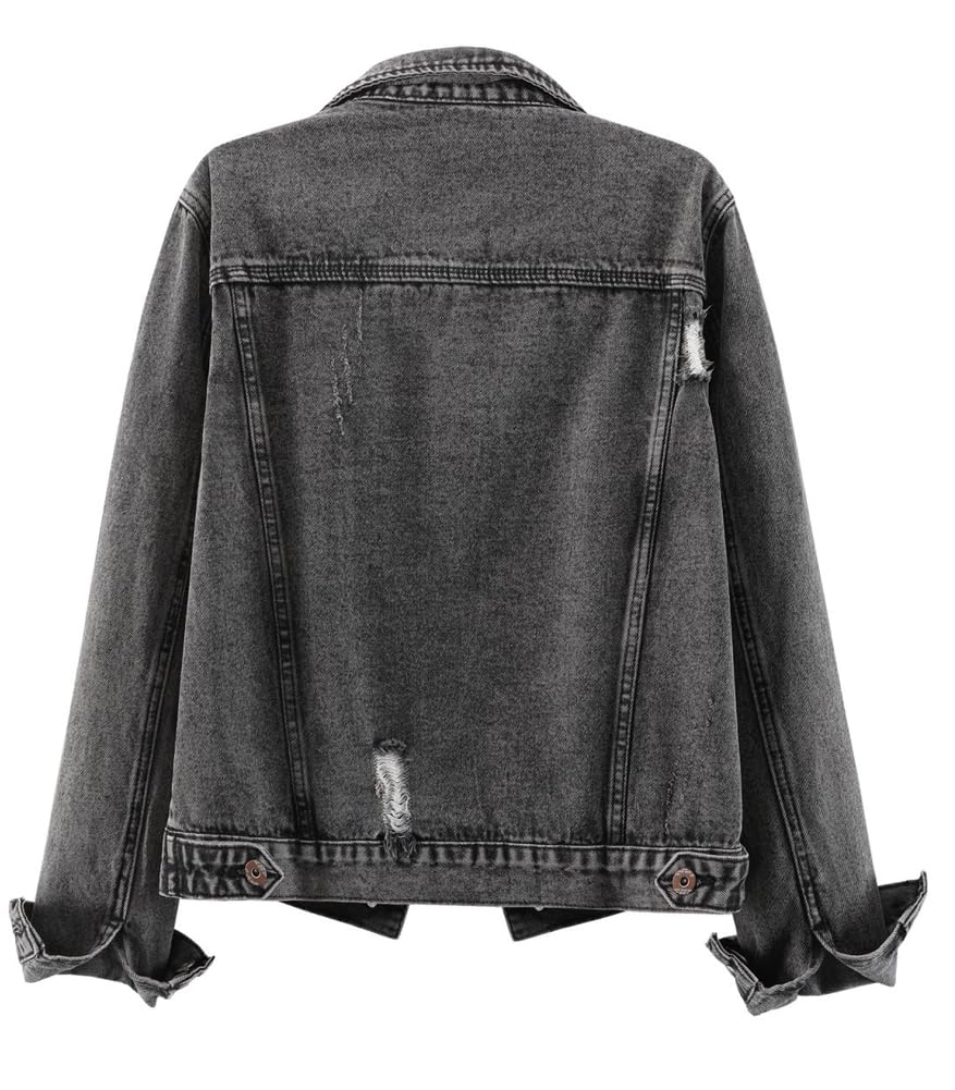 Kedera Womens Denim Jackets Distressed Ripped Long Sleeve Jean Jacket Coats - Wash Black