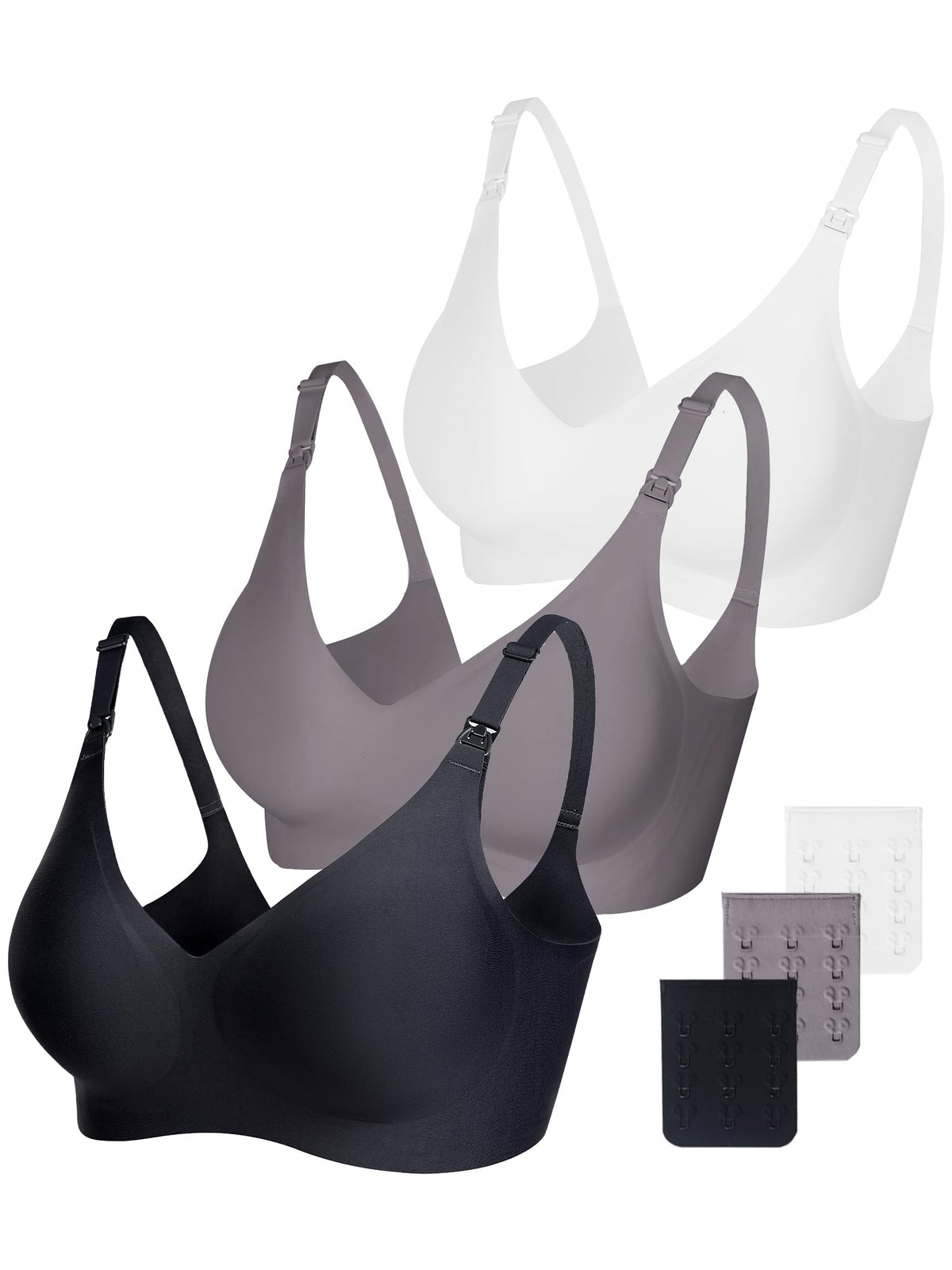 Women's Vinfact 3 Pack Smooth for Breastfeeding Seamless for Pregnancy Wireless Bralette with Extra Extender-3xl/black+grey+white Nursing Bra