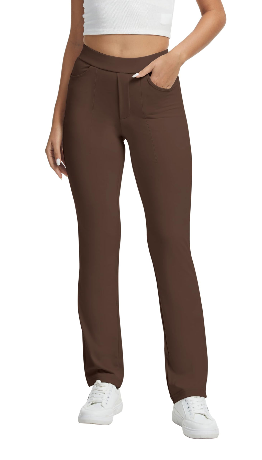 Vimpep Straight-Leg Yoga Dress Pants For Women Pull On - Dark Brown